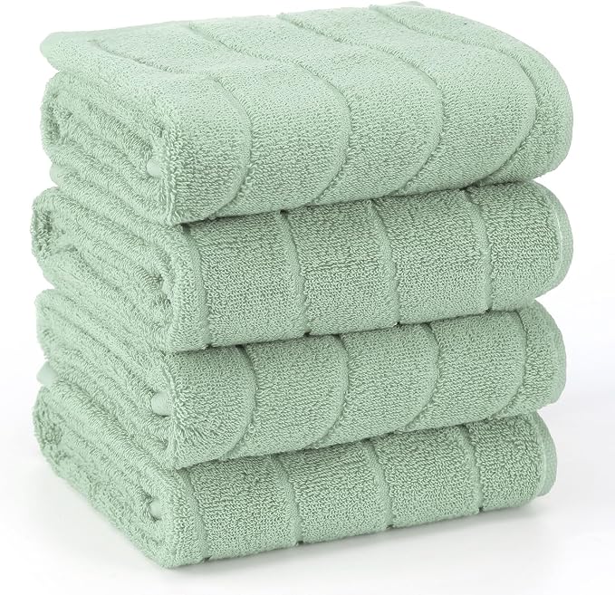 VitalCozy 4 Pcs Bathroom Hand Towels Set Light Green Wavy Striped Jacquard Towels 14x29 Inch 100% Cotton Soft Absorbent Decorative for Guest Bathroom Kitchen