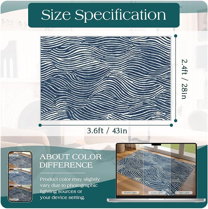 Modern Outdoor Rug - 28" x 43" Front Door Mat Indoor Outside Entrance Non-Slip Washable Outdoor Mat Navy Blue White Ocean Waves Rug for Entryway Kitchen Bedroom Layered Doormat for Front Porch