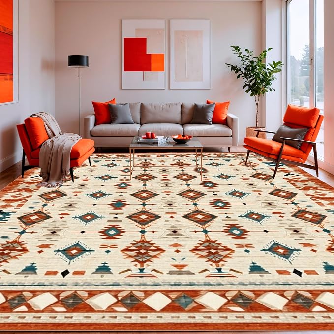 Flatwoven High Traffic Area Rug 4x6, Southwestern Aztec with Detailing, Non Slip, Stain Resistant, Washable Area Rugs for Living Room, Bedroom (Beige, 4x6)