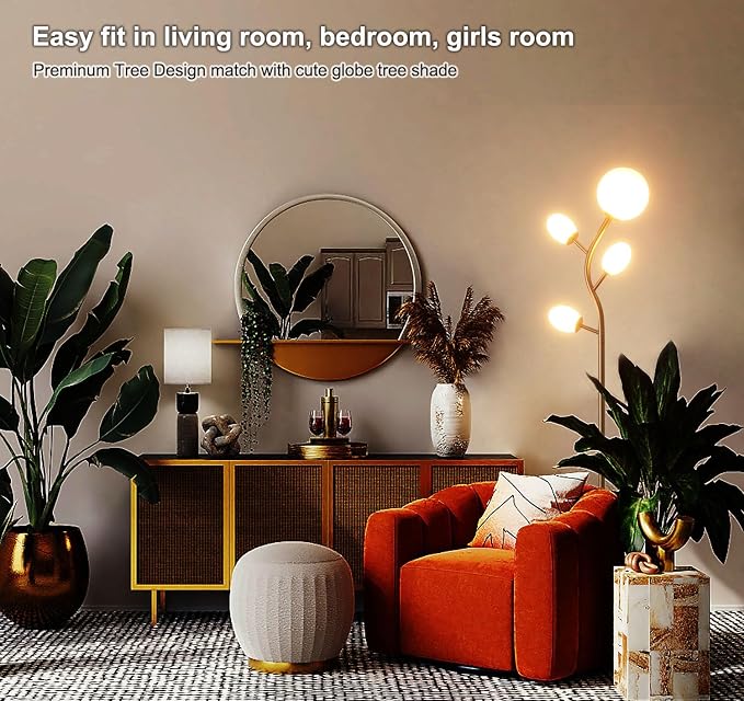 Fiqevs 4 Globe Floor Lamp, Modern Gold Tree Standing Lamp with Warm Light LED Bulbs and Sphere Frosted Glass Shade, Mid Century Sputnik Tall Lamp for Living Room, Bedroom, Office, Antique Brass