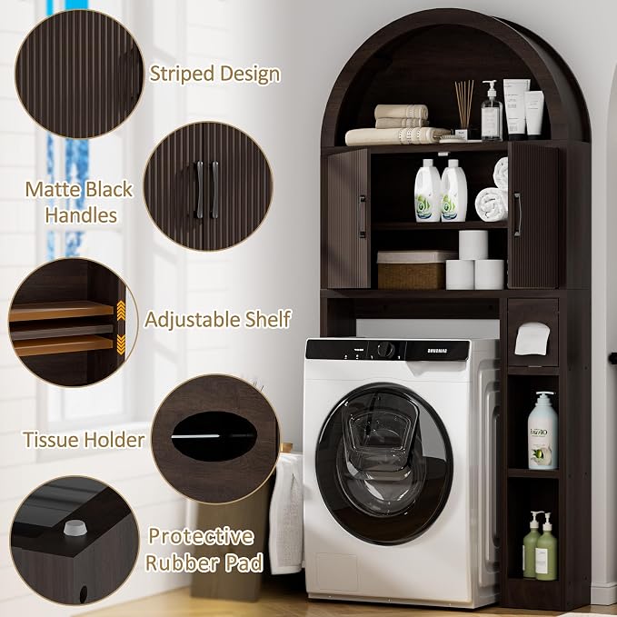 Spurgehom Over The Toilet Storage Cabinet, Bathroom Shelf Organizer Freestanding, Bathroom Arch Cabinet Over Toilet with Toilet Paper Holder and Anti-Tipping Device (Coffee)