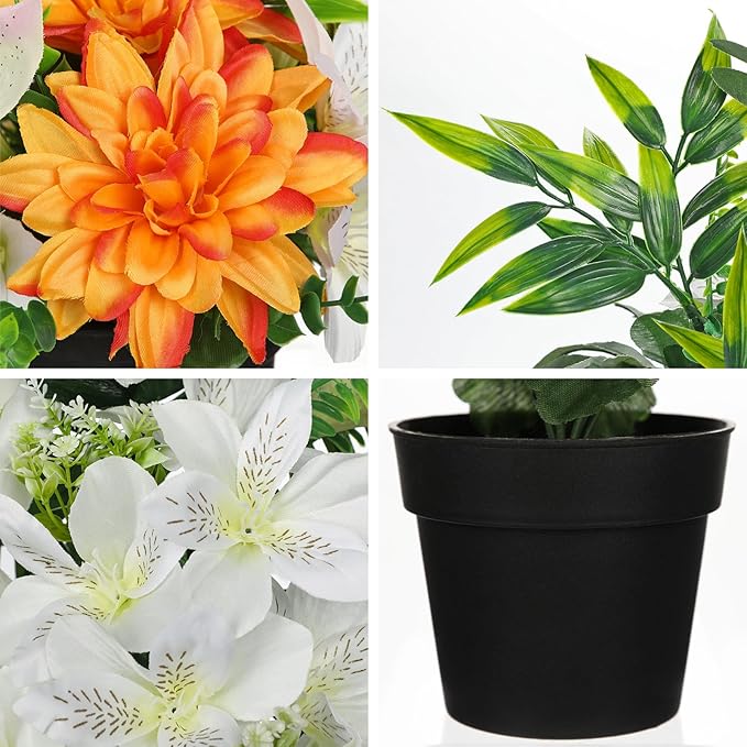 Orange Artificial Flowers Small Fake Flowers in Vase Peonies Dahlia Tiger Lily Potted Silk Flower Arrangements Faux Plants & Flowers Home Bathroom Kitchen Table Centerpieces Desk Decor