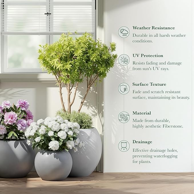 DTY Signature Mount Sherman Modern Indoor Outdoor Fiberstone Sphere Planter, Durable Round Garden Pot, Weather Resistant, Drainage Hole & Rubber Plug, Planter for Christmas Tree - Small, Gray