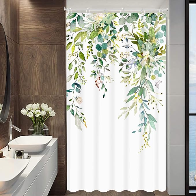 Stall Green Eucalyptus Shower Curtain Set Watercolor Floral Plant Leaf Shower Curtains for Bathroom Botanical Flower Waterproof Fabric Bath Curtain Decor (Green, 36'' x 72'')