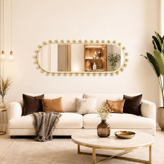Oval Full-Length Wall Mounted Mirror 20" x 51", Antique Gold Beaded Beveled Mirror with Ball Frame, Vertical & Horizontal Hanging Wall Mirror for Bathroom, Bedroom, Dressing Room, Entryway