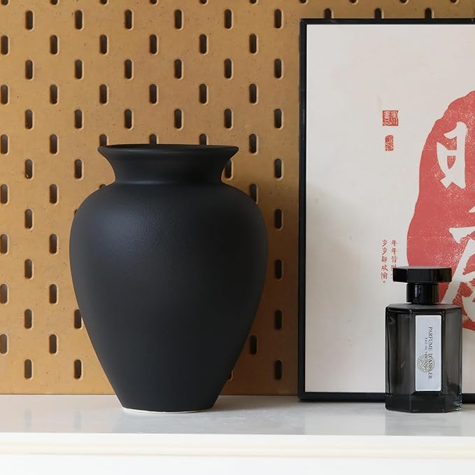 Black Ceramic Flower Vase, Decorative Jar Modern Centerpiece Table Decorations,Rustic Ceramic vases for Home Decor Dining Room,Wide Mouth Ceramic vase for Kitchen Utensils