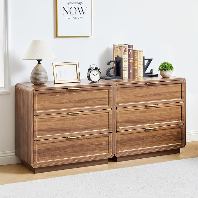 Modern Nightstand Set of 2 for Bedroom, 26'' Wide Wood 3 Drawers Bedside Table, Large Dresser w/Curved Profile Design, Side Table, End Table with Storage Drawers for Living Room, Entryway, Walnut