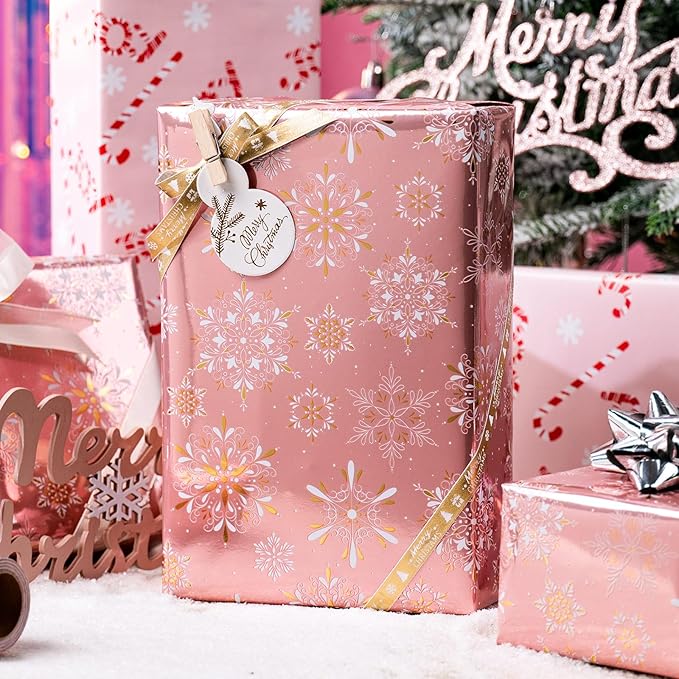 MAYPLUSS Pink Christmas Wrapping Paper Roll - 17IN X 33FT - Gift Wrapping Paper Featuring Gold and White Snowflake Reversible Candy Cane for Kids, Holiday, New Year
