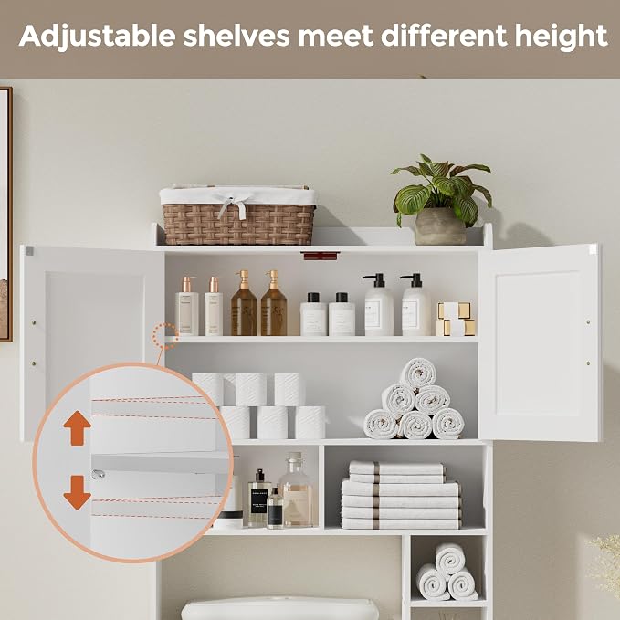 Homhedy Over The Toilet Storage Cabinet, White | 2 Barn Door, Toilet Paper Holder Stand, Freestanding Toilet Shelf, Space Saver, for Bathroom, Restroom, Laundry