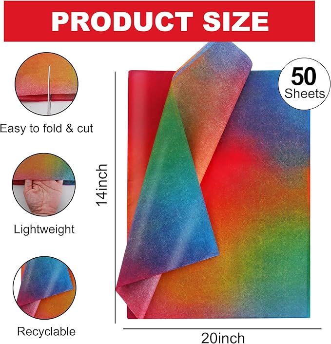 BEISHIDA Rainbow Gradient Tissue Paper Bulk, Colored Wrapping Tissue Paper for Gift Bags, 14 x 20 Inch Gift Wrap for Birthday Wedding Graduation DIY Crafts Holiday Flowers-50 Sheets