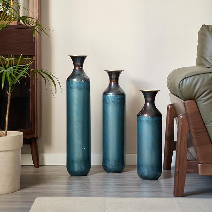 Metal Floor Vases Decorative, Set of 3 Flower Arrangement Stand, Tall Blue Metal Floor Vases for Living Room, Bedroom & Entryway, 28.34", 24.4", 20.4" H (Aqua Blue)
