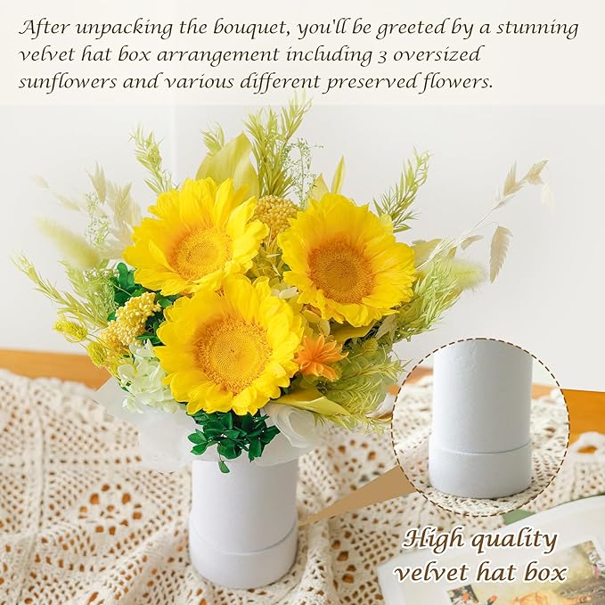 Preserved Flowers Sunflower Bouquet, Flowers Fresh Bouquet for Delivery, Preserved Eternal Flowers Bouquet Birthday Gifts for Women, Mom, Wife, Mothers Day, Grandma Her, Daughter That Last 1-3 Years