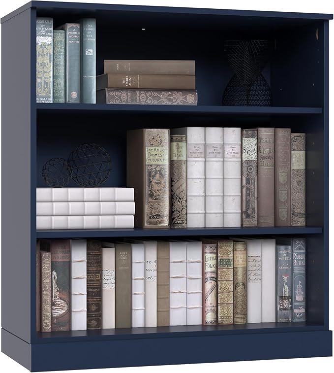 Palace Imports Solid Wood Bookcase - 3-Tier Floor Standing Bookshelf - 36" Short Storage Shelf, 32” W - Navy Blue, Display Furniture for Room, Renewable 100% Eco-Friendly Wood, Made in Brazil