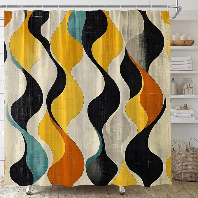 Mid Century Shower Curtain Boho Minimalist Modern Abstract Aesthetic Geometric Striped Atomic Retro Earthy Fabric Bathroom Decor Set with Hooks(59" Wx70 H)