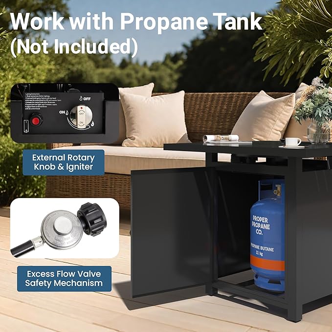 FansaFurn 30'' Propane Fire Pit Table, 50000 BTU Gas Fire Pits Table with Removable Lid and Lava Rock, Square Fire Table with Cover, Ideal for Dining or Party on Patio, Garden, Yard, Black