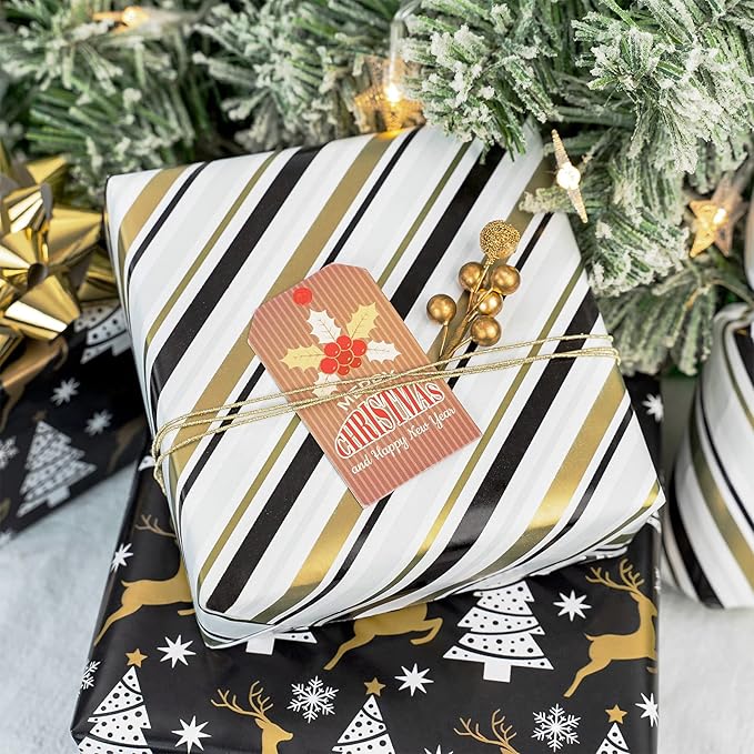 MAYPLUSS Christmas Reversible Wrapping Paper - Mini Roll - 17 Inch X 32.8 Feet- Black Gold Reindeer Design (47.3 sq.ft.ttl)