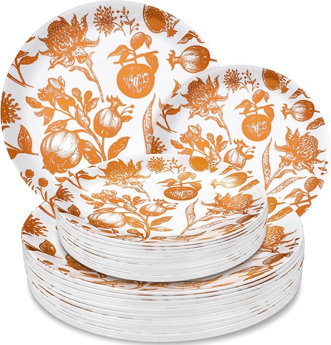 Suclain 60 Pcs Brown Fall Pomegranate Plastic Plates Thanksgiving Wedding Party Decoration Bulk 10.25'' 7.5'' Dessert Dinner Disposable Plastic Plates for Bridal Shower Party Supplies