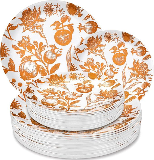 Suclain 60 Pcs Brown Fall Pomegranate Plastic Plates Thanksgiving Wedding Party Decoration Bulk 10.25'' 7.5'' Dessert Dinner Disposable Plastic Plates for Bridal Shower Party Supplies