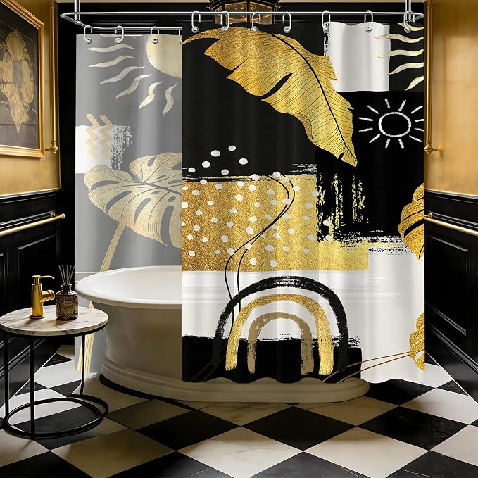 Extra Long Shower Curtain Extra Tall Black and Gold XL Abstract Dark Mens Shower Curtains for Large Bathroom Decor Sets, Waterproof Cloth Fabric with Hooks, 108x72 Inch
