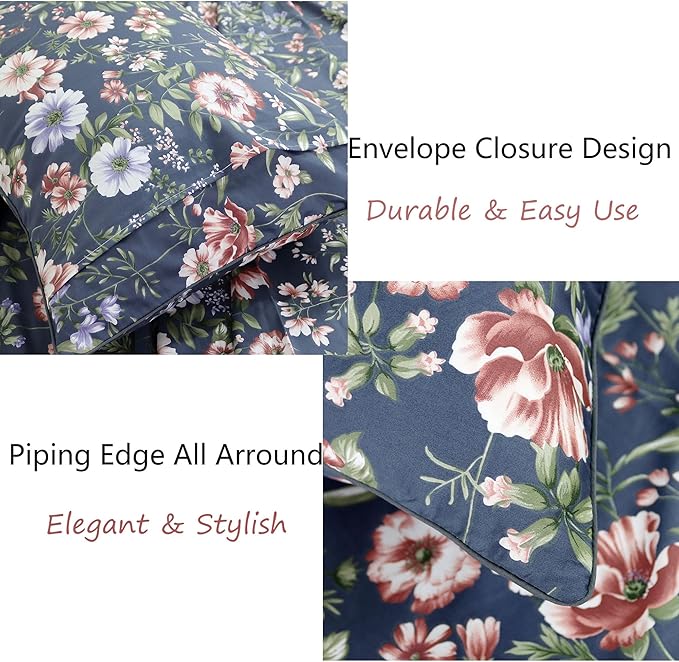 FADFAY Sheets Set Queen Vintage Dark Blue Floral Bedding Shabby Peony Floral Sheets French Country Farmhouse Bedding 800 Thread Count 100% Egyptian Cotton Deep Pocket Fitted Sheet 4Pcs, Queen Size