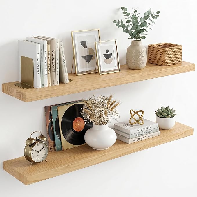 fuqing 40 Inch Floating Shelves | 6.7 Inch Deep Natural Wood Shelves Set of 2 | 40''W x 6.7''D x 1.4''H Natural Wood Floating Shelves for Living Room Bathroom Bedroom Kitchen Home Office