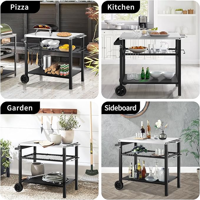 DNKMOR Dining Cart Table with Three Shelf, Movable Outdoor BBQ Grill Table Pizza Oven Stand with Three Hooks, Kitchen Cart Island Multifunctional Food Prep Table for Inside and Outside (Sliver)