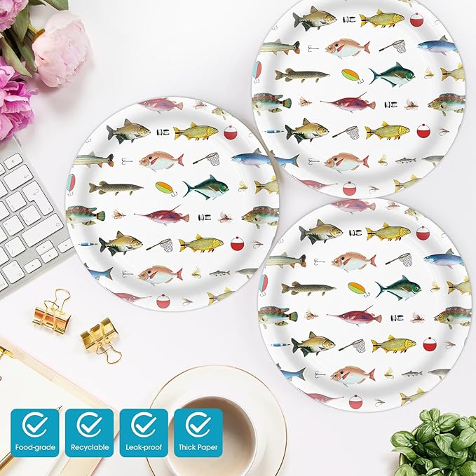 40 Pcs Fishing Plates and Napkins Party Supplies, Fishing Birthday Paper Plates and Napkins Disposable Tableware Set for Ofishally One Birthday Decorations Serves 20