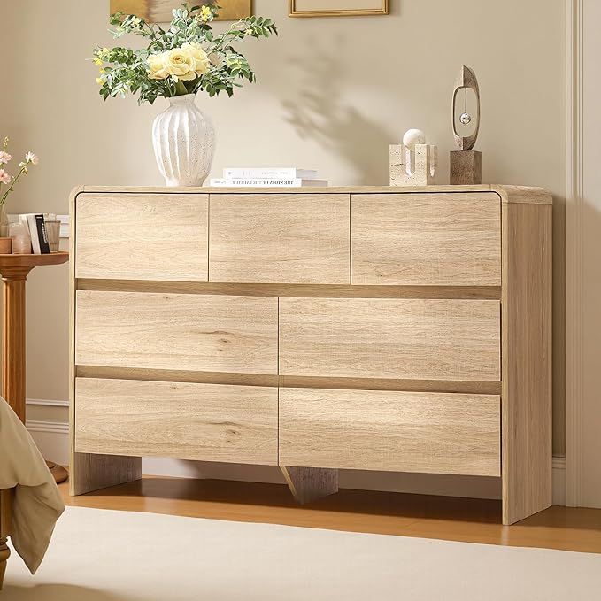 AMERLIFE 7 Drawer Dresser for Bedroom, 49" Wide Modern Chest of Storage Drawers with Rounded Corners, Anti-Tip Kit, Wood Cabinet Organizer for Closet, Apartment, Nursery, Easy Assembly, Light Oak