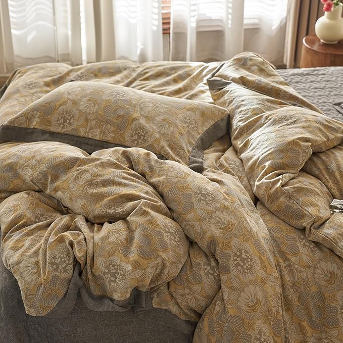 EAVD Vintage Style Yellow Floral Duvet Cover Queen Soft 100% Muslin Cotton Yarn-Dyed Jacquard Textured Bedding Set with 2 Pillowcases Linen Like Gauze Botanical Duvet Cover with Zipper Closure