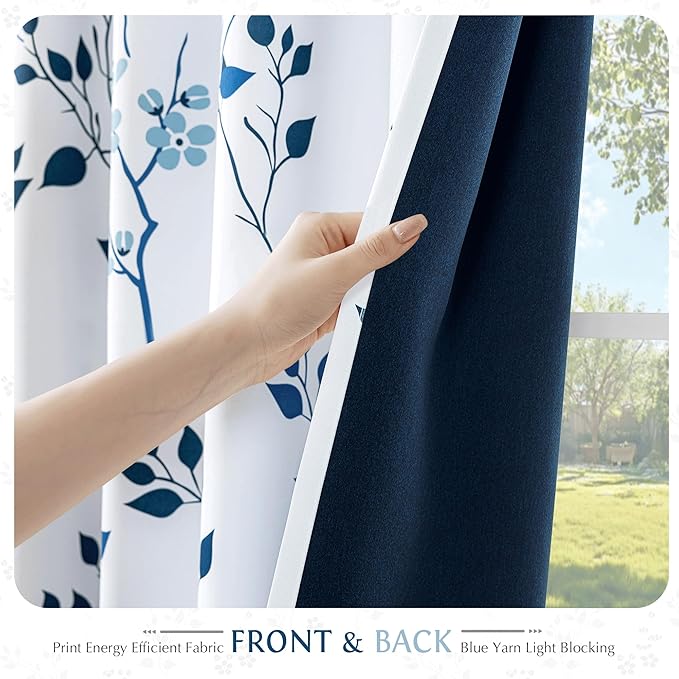 Beauoop Floral 100% Blackout Curtains 54 Inch Length 2 Panels for Bedroom Living Room Navy Blue and White Flower Patterned Room Darkening Thermal Soundproof Grommet Window Treatments Drapes, 52X54