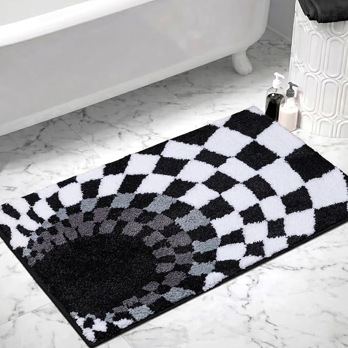 Non Slip Tufted Checkered Bath Mat, Cute Funky Microfiber Absorbent Bath Rug for Bathroom Sink, Toilet, High Pile Black and White Checkerboard Rug, Machine Washable, 16"x24"