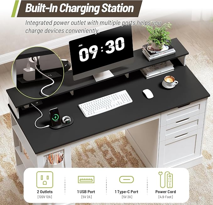 55-Inch Farmhouse Executive Desk with 2 Drawers and File Cabinet, Computer Desk with 3-Tier Storage Shelves, Home Office Desk with Charging Station, Pegboard and Monitor Shelf, White and Black