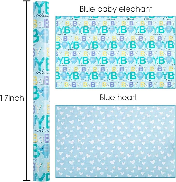 Burymento Reversible Baby Elephant Wrapping Paper Roll - Blue Wrapping Paper for Baby Shower, Boy's Birthday, Child - 17 "x 32.8 ft (47.23 sq ft)
