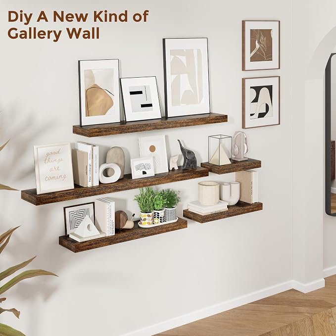 Heimlove 55 Inch Floating Shelves for Wall 8 Inch Deep Rustic Brown Shelves Set of 2,Wall Mounted Rustic Wood Long Floating Shelf，Large Extra Display & Storage Shelf with Invisible Brackets