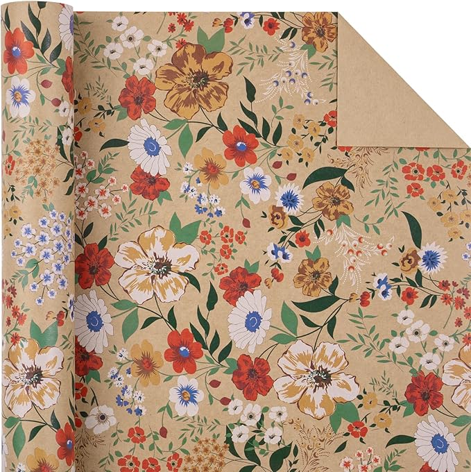 WRAPAHOLIC Kraft Floral Wrapping Paper Roll - Mini Roll - 17 Inch x 9.8 Feet - All Occasion Flower Wrapping Paper for Wedding Bridal Shower Birthday