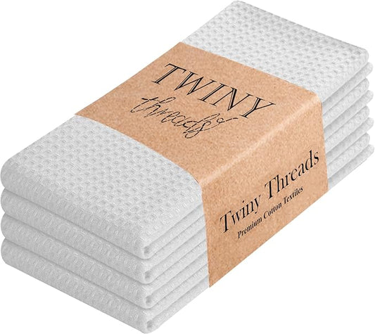 TWINY threads Kitchen Towel Waffle Weave, 4 Pack, 16x26 Inches, Premium Cotton Dish Rags, Absorbent Quick Drying Linen for Home and Restaurant Kitchens, Reusable Wash Cloths for Drying Dishes, White
