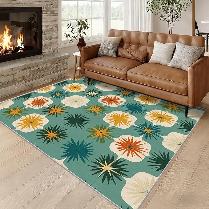 Mid Century Modern Rugs for Living Room Decor, 5x8 ft, Retro Geometric Flower Area Rugs for Bedroom, Soft Non Slip Washable 70s MCM Atomic Carpet Home Decorations D-g48