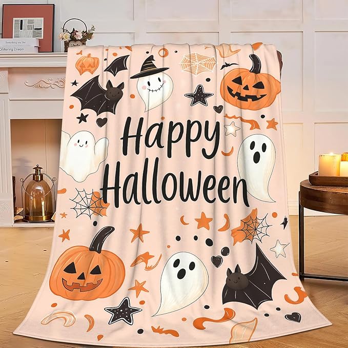 Happy Halloween Blanket Pumpkin Throw Blanket Pink Cute Bat Ghost Soft Cozy Fleece Fuzzy Stuffed Plush Flannel Gifts for Girls Women Boys Kids Adults 40''x50''