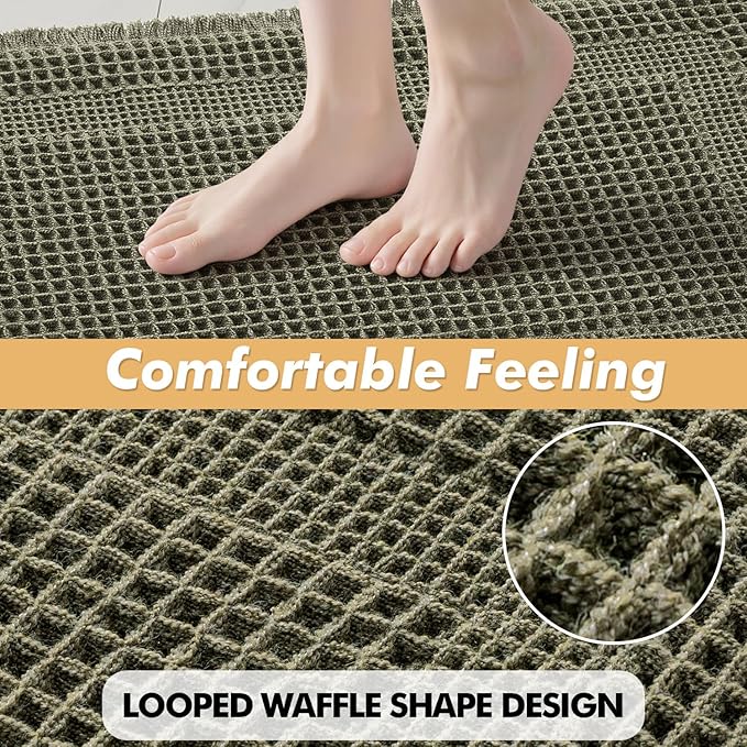 MIULEE Set of 2 Waffle Bathroom Rugs, Boho Bath Rug Super Absorbent, Non Slip Washable Ultra Soft Rubber Backed Shower Bath Mats for Floor, Tub, Shower, Looped Design, Green, 17x24 Inch