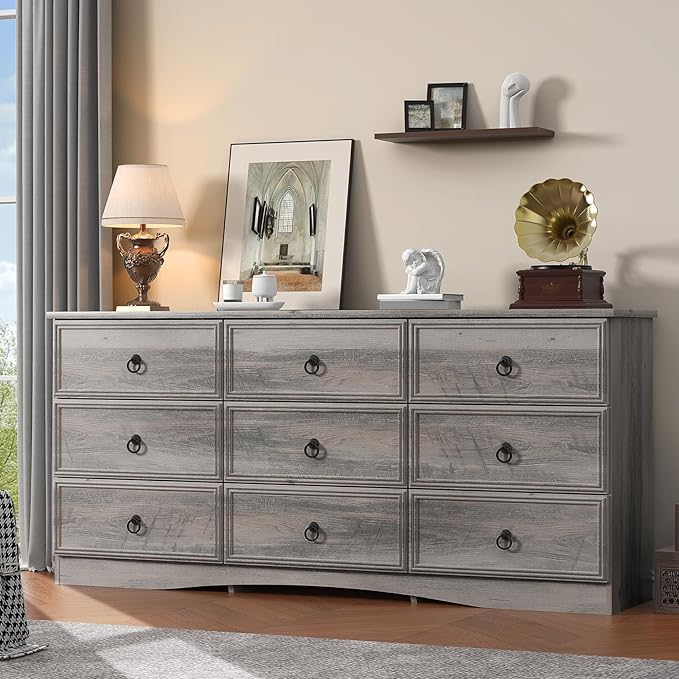 9 Drawer Dresser for Bedroom, 63'' Grey Chest of Drawers Wood, Large Storage for Clothes, Vintage Design, for Living Room, Bedroom, Hallway
