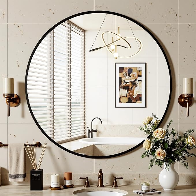 Antok 24 Inch Round Mirror for Wall, Round Bathroom Mirror, Circle Wall Mirrors with Black Metal Frame, Circle Mirrors Suitable for Wall, Bathroom, Vanity, Living Room, Entryway