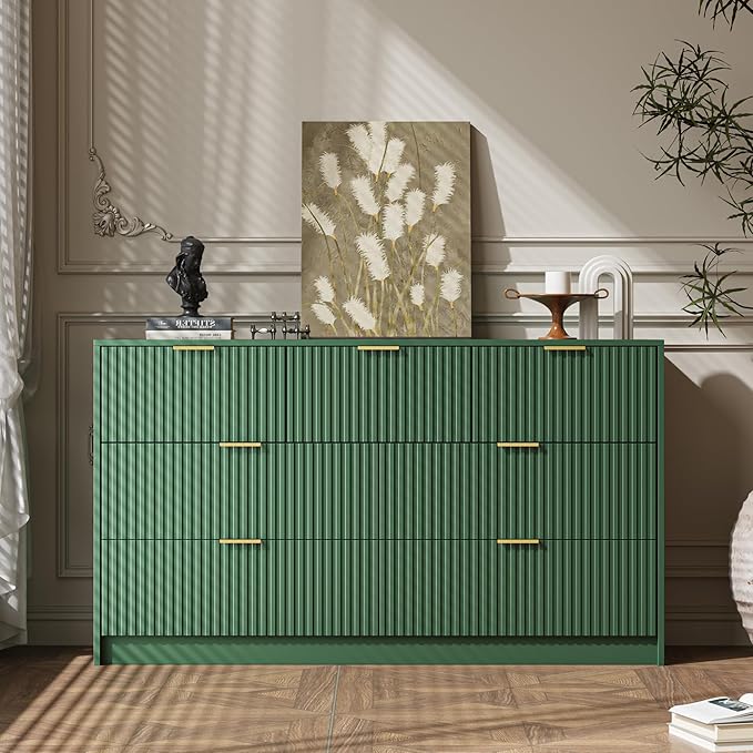 3-Piece Dresser Bedroom Set, 7 Drawer Dresser & 3 Drawer Nightstands with Gold Handles, Fluted Wood Chest of Drawers for Bedroom, Living Room, Entryway, Green