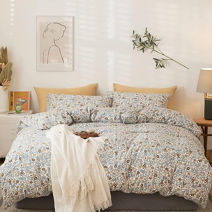 EAVD Vintage Style Garden Botanical Floral Duvet Cover Queen Soft 100% Jersey Knit Cotton Floral Bedding Set for Girls Women with 2 Pillowcases Reversible Comforter Cover with Zipper Closure,Adult