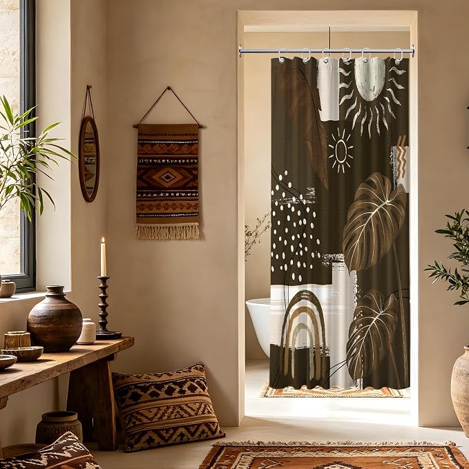 Dark Brown Mid Century Modern Shower Curtain Boho Abstract Khaki Earth Tone Shower Curtains for Bathroom Decor Sets, Waterproof Cloth Fabric with Hooks, 36 x 72 Inch