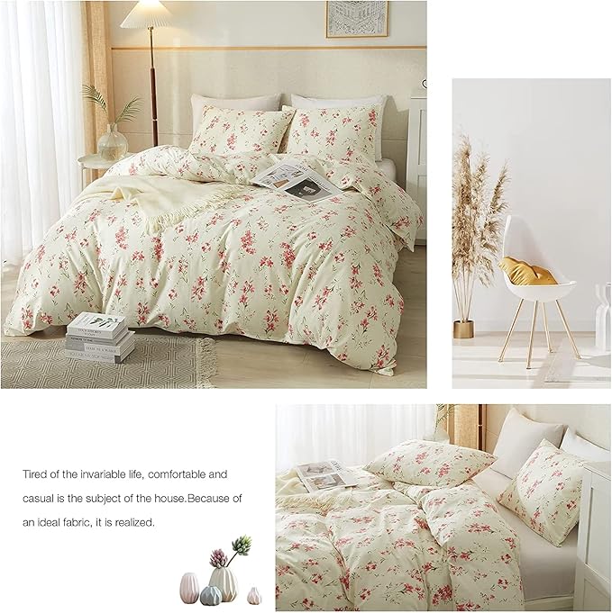 Boho Floral Duvet Cover Queen Soft Cotton Pink Floral Bedding Set Chic Garden Style Cute Flower Pattern Duvet Cover Vintage Floral Botanical Comforter Cover 1 Queen Duvet Cover with 2 Pillowcases