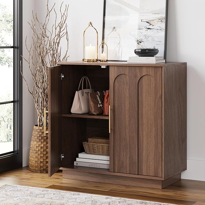 FORTUNETEC Sideboard Buffet Cabinet with Storage, Mid Century Modern Accent Cabinet with Arched Doors, Modular Media Console, Minimalist Credenza for Living Room Kitchen Dining Room Entryway, Walnut