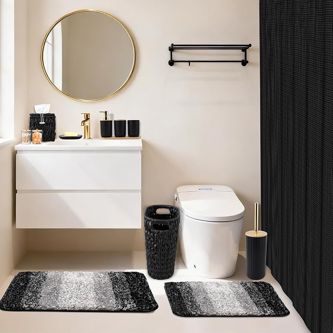 Bathroom Accessories Set, 25PCS Wicker Bathroom Accessory Set with Shower Curtain, Bath Mat, Soap Dispenser, Handwoven Trash Can & Rattan Tissue Box (Black, Bath Set+Shower Curtain+Rugs)