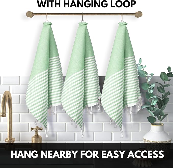 Turkish Kitchen Towels 18x26 Inches with Tassels - 4 Pack - Absorbent, Durable, Soft 100% Cotton Dish Towels for Drying & Cleaning - Machine Washable, Quick Dry - Apple Green