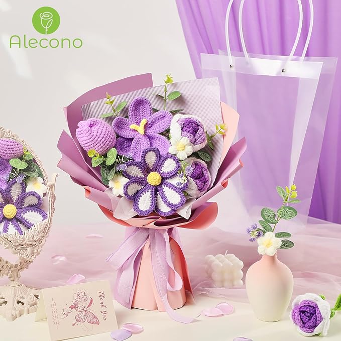 Alecono Crochet Flower Bouquet, Purple Knitted Flowers, Crochet Tulip Galsang Flower for Lover Anniversary Birthday Party Mother's Day Graduation Gifts (Include Card)