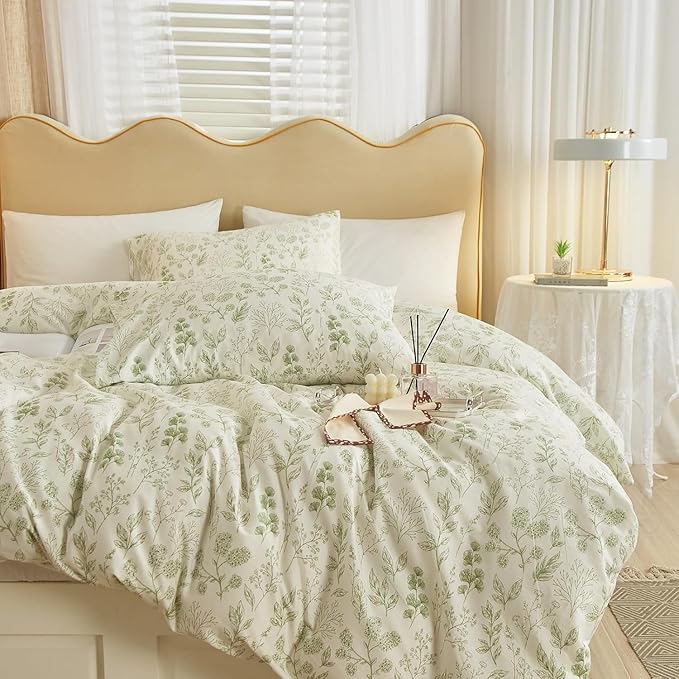 Vintage Boho Floral Duvet Cover Queen White Green Floral Print Bedding Set Cotton Botanical Floral Comforter Cover Garden Flowers Aesthetic Bedding Cover Boho Style Queen Duvet Cover with Zipper Ties